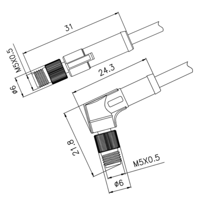 Αρσενικός ευθύς 90 συνδετήρας 3 καλωδίων βαθμού M5 φορμαρισμένο καρφίτσα καλώδιο